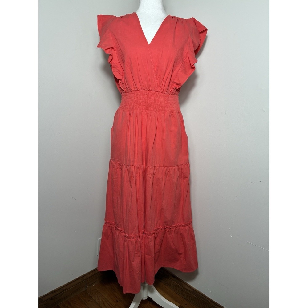 Pinch Tired Maxi Dress Sz Large Pink 100% Cotton Ruffle Sleeves Pockets Smocked